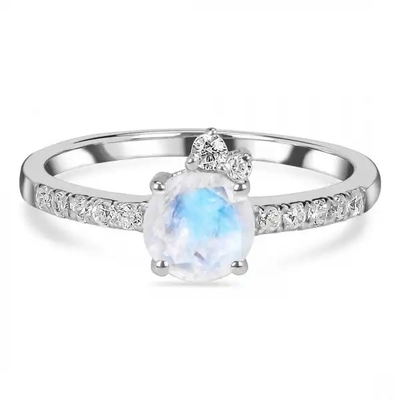 سحر الموضة الطبيعية قوس قزح Moonstone المرأة 925 خاتم فضة مجوهرات