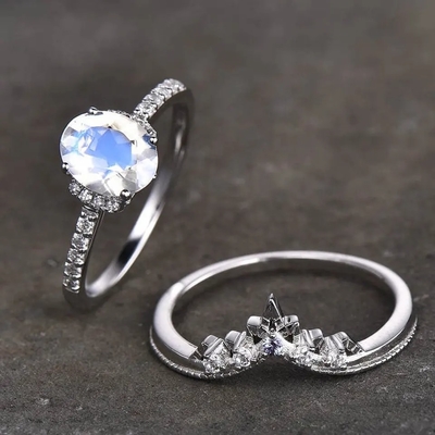 سحر الموضة الطبيعية قوس قزح Moonstone المرأة 925 خاتم فضة مجوهرات