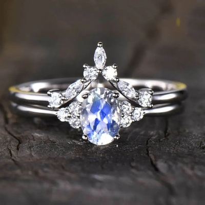 925 الفضة الاسترليني مجوهرات الحجر الطبيعي قوس قزح الأزرق Moonstone خاتم الزواج مجموعة