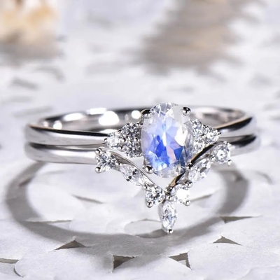 925 الفضة الاسترليني مجوهرات الحجر الطبيعي قوس قزح الأزرق Moonstone خاتم الزواج مجموعة