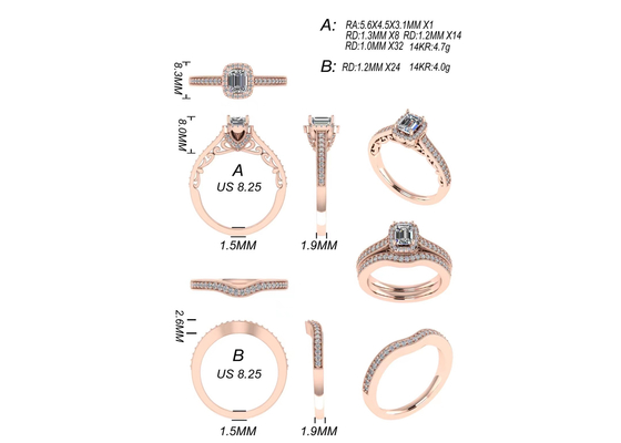 0.8ct 14K Solid Gold Jewellery ، طقم خاتم خطوبة من الذهب الوردي RA5.6 × 4.5MM