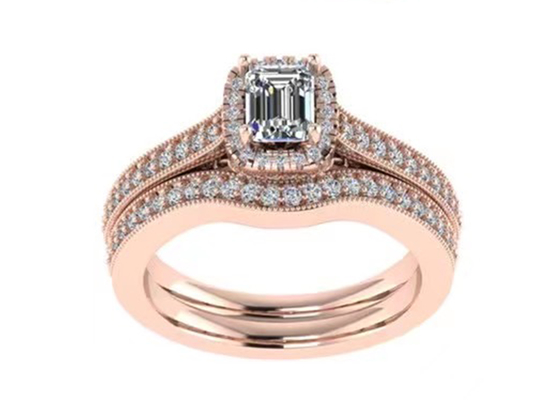 0.8ct 14K Solid Gold Jewellery ، طقم خاتم خطوبة من الذهب الوردي RA5.6 × 4.5MM
