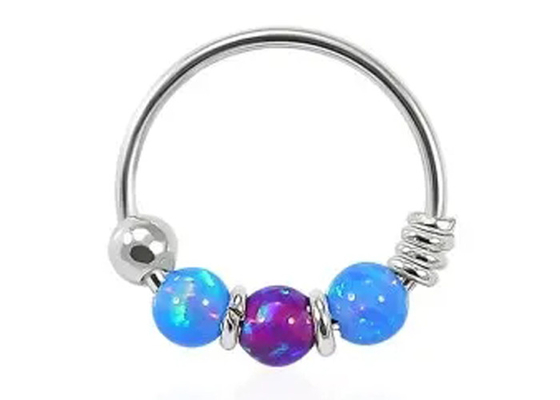Dia 8mm Hoop Piercing ، حلقة الأنف من الذهب الأبيض مع 3 قطع من أحجار الأوبال ODM