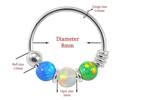 Dia 8mm Hoop Piercing ، حلقة الأنف من الذهب الأبيض مع 3 قطع من أحجار الأوبال ODM