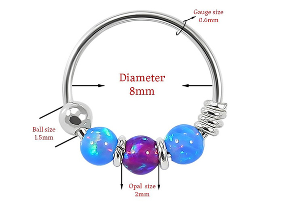 Dia 8mm Hoop Piercing ، حلقة الأنف من الذهب الأبيض مع 3 قطع من أحجار الأوبال ODM