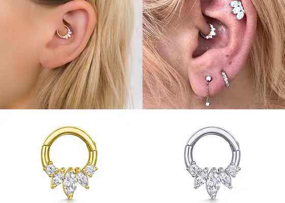 Marquise Cut 14K Gold Clicker Piercing Four Claw Setting Type For الحاجز الحاجز الأنف